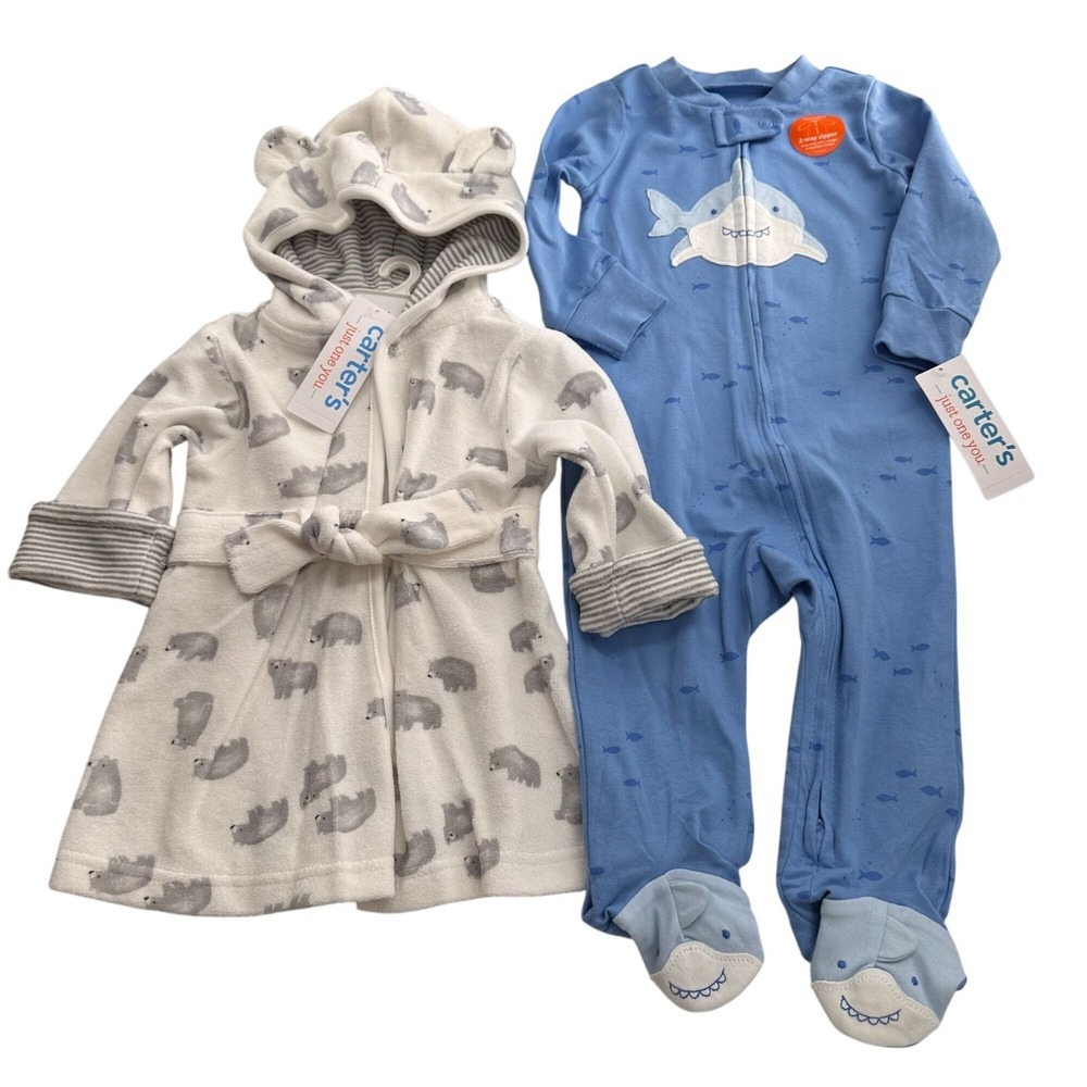 Carters Just One You 2-Piece Set Blue Shark Footie & White Bear‎ Hooded Robe 9M